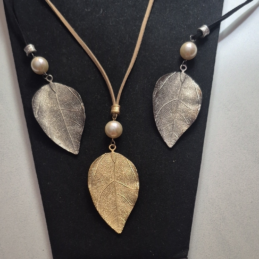 Silver or Gold Leaf Pendant Necklace with Leather Cord (J47)